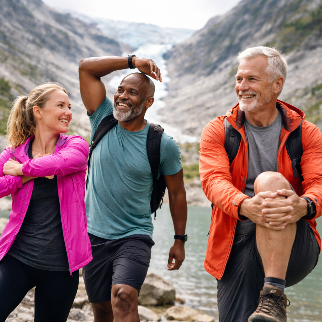 People stretching by a lake